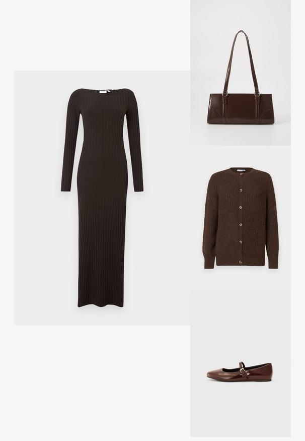 Cardigan en maille texturée marron avec un col rond et six boutons sur le devant, des manches longues et des poignets côtelés.; Robe longue moulante en tissu côtelé de couleur brun foncé, avec manches longues et encolure bateau. Texture lisse avec une coupe longue jusqu'au sol.; Ballerine en cuir verni marron avec un bout carré et une lanière ornée d'une petite boucle dorée. Texture lisse, talon bas et design minimaliste.; Sac à main en cuir verni marron de forme rectangulaire, avec deux longues poignées et des accents courbés subtils à l'avant.