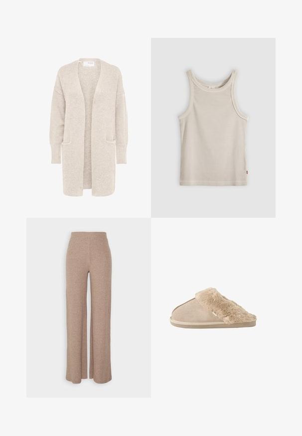Cardigan largo beige con abertura frontal, mangas largas y dos bolsillos delanteros, tejido de punto suave y texturizado.; Camiseta sin mangas beige acanalada con escote redondo y ajuste entallado, mostrada sobre un fondo gris.; Pantalones de pierna ancha de canalé en color beige con una cinturilla alta y textura suave, que presentan un corte holgado y sin cierres visibles.; Zapatilla beige sin cordones con exterior de ante suave y forro interior y borde mullidos y esponjosos, diseñada para la comodidad en interiores.