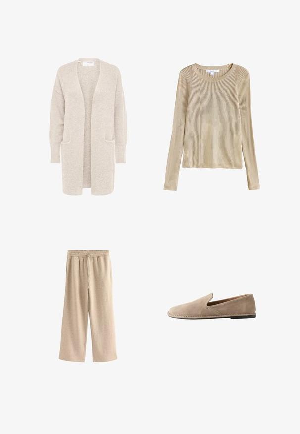 Lange beige open cardigan met lange mouwen en twee voorzakken, zachte gestructureerde gebreide stof.; Beige geribbelde lange mouw gebreide trui met ronde hals en slim fit, plat weergegeven met label zichtbaar bij de kraag.; Crème-kleurige wijde broek gemaakt van een zachte katoenmix. Heeft een elastische tailleband met trekkoord en een subtiele gespikkelde textuur.; Beige suède instapschoen met afgeronde neus, lage platte hak, doorgenaaide zool en elastische zij inzet voor gemakkelijk aan- en uittrekken.
