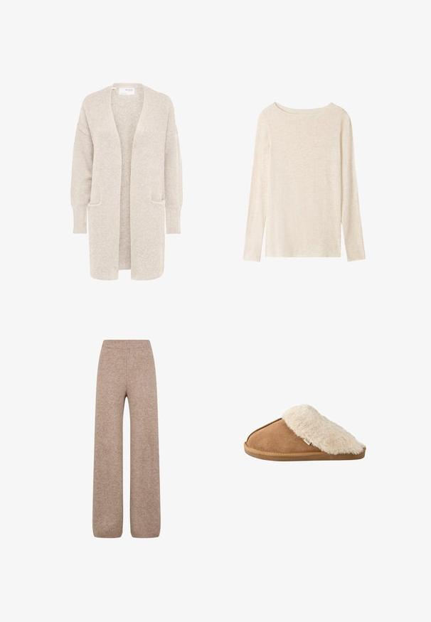 Lange beige open cardigan met lange mouwen en twee voorzakken, zachte gestructureerde gebreide stof.; Lichtbeige fijngebreide top met lange mouwen, boothals en een subtiele gemêleerde structuur.; Brede gebreide broek in een lichtbruine tint met een ribbel waistband en manchetten, gemaakt van een zachte, gestructureerde stof. Geen zichtbare zakken.; Bruine instapslipper met zachte beige nep bont voering en zool, zijkant gezien op witte achtergrond.