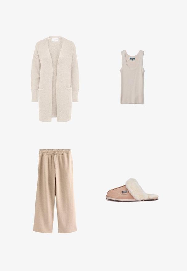 Lange beige open cardigan met lange mouwen en twee voorzakken, zachte gestructureerde gebreide stof.; Mouwloos beige geribd gebreid topje met ronde halslijn, plat weergegeven met het OVS-merklabel aan de binnenkant van de achterkraag.; Beige broek met wijde pijpen, een elastische tailleband en een koordje, gemaakt van een zachte, gevlekte stof.; Tan suède slipper met een zachte witte bontvoering, open teenontwerp, platte zool en een klein merklabel aan de zijkant.