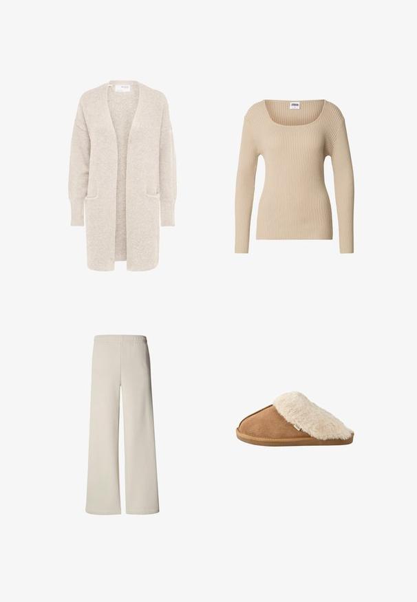 Lange beige open cardigan met lange mouwen en twee voorzakken, zachte gestructureerde gebreide stof.; Beige ribgebreide trui met een vierkante halslijn en lange mouwen, gemaakt van zachte, gestructureerde stof. Eenvoudig ontwerp, geschikt om te combineren.; Beige broek met wijde pijpen, elastische tailleband en een gladde voorkant, van voren getoond op een witte achtergrond.; Bruine instapslipper met zachte beige nep bont voering en zool, zijkant gezien op witte achtergrond.