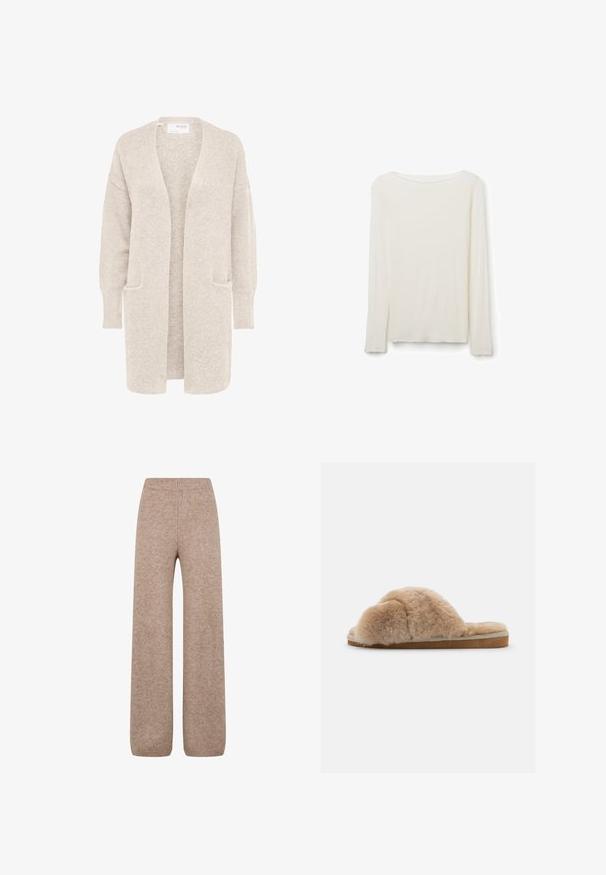 Lange beige open cardigan met lange mouwen en twee voorzakken, zachte gestructureerde gebreide stof.; Lange mouw, lichtbeige, geribbelde gebreide shirt met een ronde halslijn en subtiele gezaagde randen aan de mouwen en zoom.; Brede gebreide broek in een lichtbruine tint met een ribbel waistband en manchetten, gemaakt van een zachte, gestructureerde stof. Geen zichtbare zakken.; Fluffy beige slipper met een zachte textuur, open achterkant en een binnenvoering. Platte zool met een lichtbruine basis en beige stiksels.