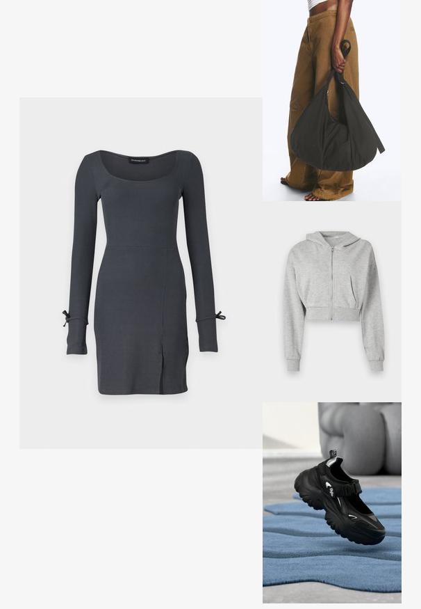Grijze cropped hoodie van zachte stof, met een ritssluiting aan de voorkant, lange mouwen en twee voorzakken. Gladde textuur, verstelbare capuchon.; Langsleeve ribbel jurk in donkergrijs, met een vierkante halslijn en een zijsplit. Vastgebonden accenten op de manchetten voegen detail toe aan het ontwerp.; Zwarte chunky sneaker met dikke zool en klittenbandsluiting op blauw gestructureerd tapijt, wazige achtergrond van een zittend persoon.; Persoon met bruine wijde broek en wit topje houdt een grote zwarte zachte handtas aan het hengsel bij hun zijde vast.