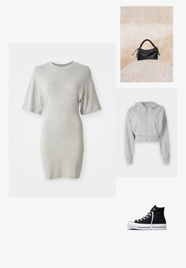 Grijze cropped hoodie van zachte stof, met een ritssluiting aan de voorkant, lange mouwen en twee voorzakken. Gladde textuur, verstelbare capuchon.; Grijze korte mouw jurk van zacht, lichtgewicht materiaal, met een losse pasvorm en ronde halslijn, die iets taps toeloopt naar de zoom.; Zwarte hooggesloten canvas sneaker met witte rubberen zool en witte veters, zijwaarts weergegeven op een witte achtergrond.; Zwarte gerimpelde handtas met een samengevoegde handvat, rustend op een gestructureerde stenen bol tegen een beige betonnen muur.