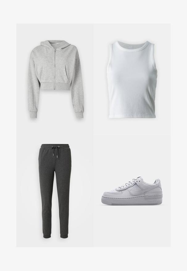 Grijze cropped hoodie van zachte stof, met een ritssluiting aan de voorkant, lange mouwen en twee voorzakken. Gladde textuur, verstelbare capuchon.; Witte geribde tanktop met een ronde halslijn en mouwloos ontwerp, voorzien van een rechte zoom en een gladde, rekbare textuur.; Donkergrijze sweatpants van zacht materiaal, met een elastische tailleband met trekkoord, taps toelopende broekspijpen en enkelmanchetten.; Grijze Nike Air Force 1 sneaker met geperforeerde neus, glad leren bovenwerk, dikke zool en verhoogde 'AIR' details op de hiel.