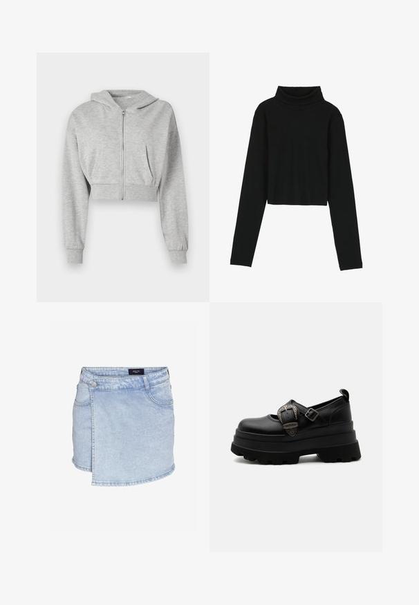 Grijze cropped hoodie van zachte stof, met een ritssluiting aan de voorkant, lange mouwen en twee voorzakken. Gladde textuur, verstelbare capuchon.; Even&Odd Longsleeve - black; Lichtblauwe denim minirok met asymmetrische overslag aan de voorkant en voorzakken, knoopsluiting in de tailleband en riemlussen.; Zwarte stevige platform Mary Jane schoen met dikke profielzool, decoratieve zilveren gesp en verstelbare band op effen witte achtergrond.