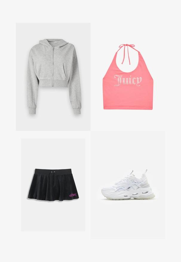 Grijze cropped hoodie van zachte stof, met een ritssluiting aan de voorkant, lange mouwen en twee voorzakken. Gladde textuur, verstelbare capuchon.; Roze haltertop met strik in de nek en strassletters die "Juicy" aan de voorkant spellen.; Zwarte velour minirok met een elastische tailleband, voorzien van een trekkoord en een roze geborduurd "Angel" detail aan de zoom.; Witte sneaker met een chunky zool, gelaagd mesh en synthetisch bovenwerk, voorzien van gemusterde accenten, vetersysteem en trekhaak.