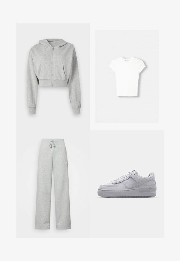 Grijze cropped hoodie van zachte stof, met een ritssluiting aan de voorkant, lange mouwen en twee voorzakken. Gladde textuur, verstelbare capuchon.; Witte t-shirt met korte mouwen van zachte katoen, met een ronde halslijn en een getailleerde vorm. Geen zichtbare patronen of versieringen.; Grijze sweatpants met een elastische tailleband, een trekkoord-detail en een klein wit Nike-logo op de linkerdij. Zachte stof, losvallend.; Grijze Nike Air Force 1 sneaker met geperforeerde neus, glad leren bovenwerk, dikke zool en verhoogde 'AIR' details op de hiel.
