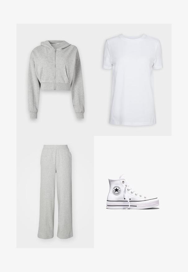 Grijze cropped hoodie van zachte stof, met een ritssluiting aan de voorkant, lange mouwen en twee voorzakken. Gladde textuur, verstelbare capuchon.; Effen wit T-shirt met korte mouwen en ronde hals, normale pasvorm en een klein label aan de binnenkant van de hals met de tekst "SELECTED FEMME."; Grijze joggingsbroek van zacht materiaal, met een wijd uitlopende pasvorm, elastische tailleband en zijzakken. Eenvoudig en casual uiterlijk.; Witte Converse Chuck Taylor All Star sneaker met hoge schacht, zwarte strepen en logo-patch aan de zijkant, weergegeven tegen een effen witte achtergrond.