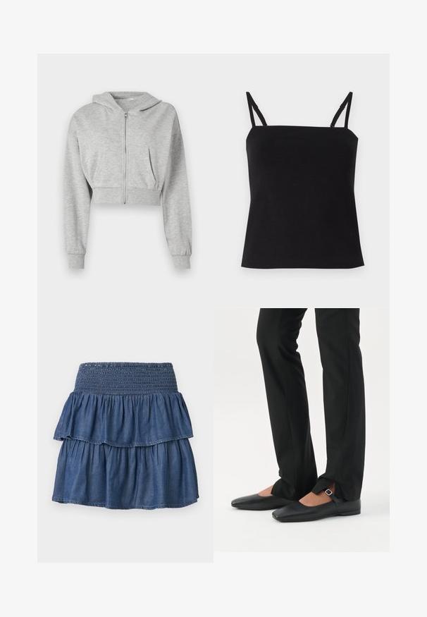 Grijze cropped hoodie van zachte stof, met een ritssluiting aan de voorkant, lange mouwen en twee voorzakken. Gladde textuur, verstelbare capuchon.; Zwarte cami-top met dunne verstelbare spaghettibretels, gemaakt van een zachte, lichte stof. Rechte pasvorm en minimaal ontwerp. Geen extra patronen.; Blauwe gelaagde denimrok met brede geplooide tailleband en twee geplooide lagen op een effen achtergrond.; Benen met zwarte smalle broek met voorsplitten aan de zoom, gecombineerd met zwarte platte Mary Jane-schoenen met een klein gespje.