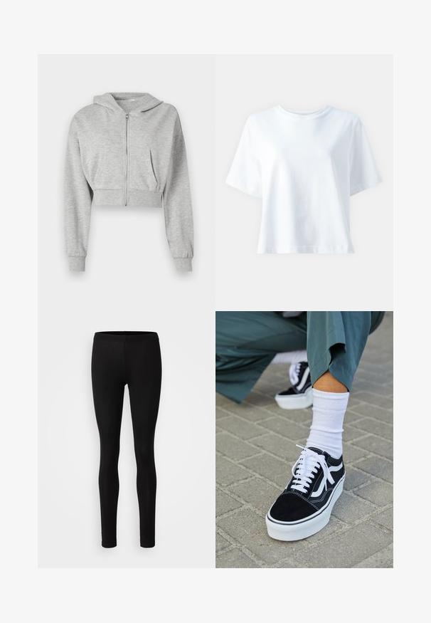 Grijze cropped hoodie van zachte stof, met een ritssluiting aan de voorkant, lange mouwen en twee voorzakken. Gladde textuur, verstelbare capuchon.; Witte katoenen t-shirt met een ronde hals, korte mouwen, een comfortabele pasvorm en een gladde textuur. Geen patronen of accenten zichtbaar.; Zwarte leggings gemaakt van een zachte, rekbare stof. Ze hebben een slim fit met een elastische taille en een gladde, matte textuur.; Zwarte suède sneaker met witte accenten en veters, uitgerust met een dikke witte zool en contrasterende stiksels, gecombineerd met een witte sok.