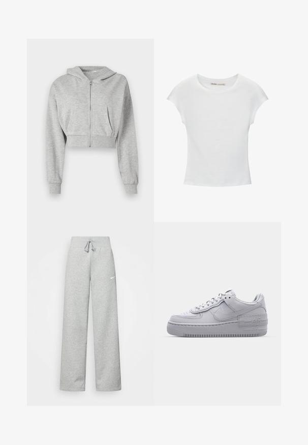Grijze cropped hoodie van zachte stof, met een ritssluiting aan de voorkant, lange mouwen en twee voorzakken. Gladde textuur, verstelbare capuchon.; Witte katoenen T-shirt met korte, opgerolde mouwen, een ronde halslijn en een rechte zoom. Gladde textuur zonder zichtbare patronen of accenten.; Grijze sweatpants met een elastische tailleband, een trekkoord-detail en een klein wit Nike-logo op de linkerdij. Zachte stof, losvallend.; Grijze Nike Air Force 1 sneaker met geperforeerde neus, glad leren bovenwerk, dikke zool en verhoogde 'AIR' details op de hiel.