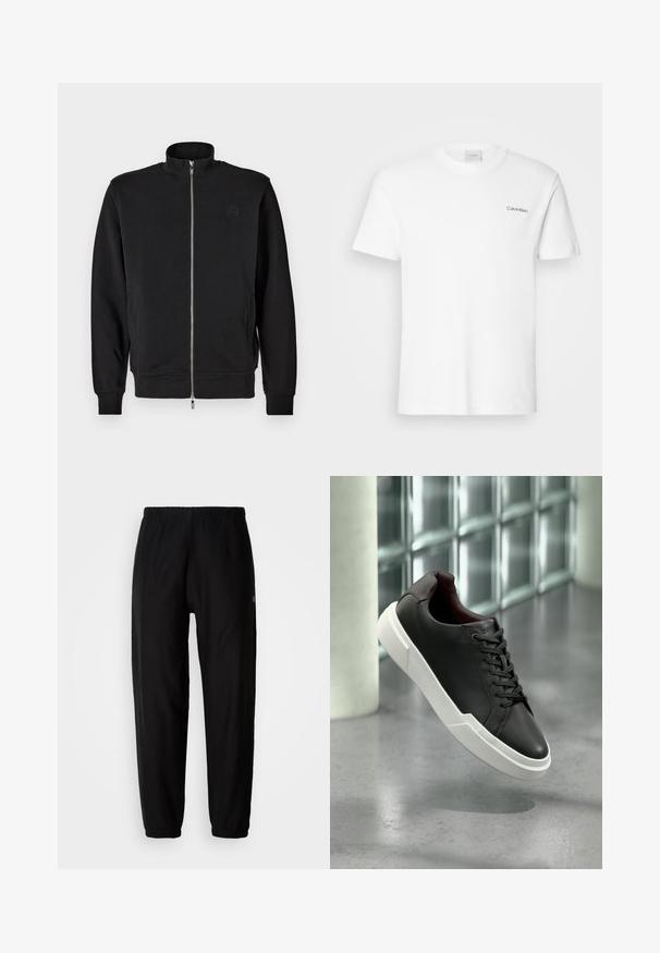 Sweat-shirt zippé noir avec un col haut, des poignets côtelés et des poches latérales. Tissu doux avec un logo embossé subtil sur la poitrine.; T-shirt en coton blanc à manches courtes et col rond. Présente un petit logo noir "Calvin Klein" sur la poitrine gauche.; Pantalons de survêtement noirs avec une taille élastique, jambes fuselées et poignets. Texture de tissu lisse. Détail du logo sur le côté.; Baskets en cuir noir avec une semelle blanche épaisse, lacets noirs, flottant au-dessus d'un sol en béton gris près d'un mur en blocs de verre.