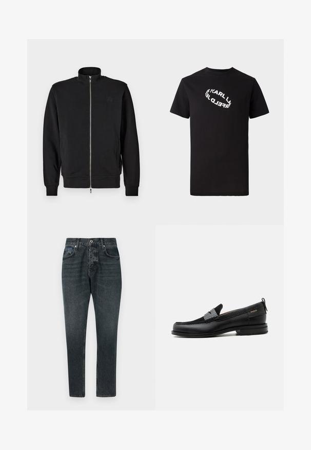 Sort zip-up sweatshirt med høj krave, ribbede manchetter og sidelommer. Blødt stof med et subtilt prægede logo på brystet.; Sort bomulds T-shirt med korte ærmer og rund hals. Har en hvid, forvrænget logotekst trykt på fronten.; Mørkegrå denim jeans med lige ben design, fem lommer, knaplukning og diskret falming. Lavet af bomuld med en glat tekstur.; Sort læderloafer med grå remdetalje, lav hæl og tekstureret sål, mærket med "HUGO" i guld på siden.