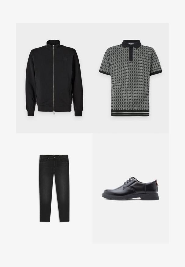 Schwarzer Zip-Up-Pullover mit hohem Kragen, gerippten Bündchen und seitlichen Taschen. Weicher Stoff mit einem dezenten, geprägten Logo auf der Brust.; Schwarzes und weißes Polohemd mit Muster, Kragen, kurzen Ärmeln und gerippten Bündchen. Verfügt über ein markantes geometrisches Design und eine Knopfleiste mit zwei Knöpfen.; Schwarze Slim-Fit-Jeans mit fünf Taschen, Knopf- und Reißverschluss sowie subtiler Verblassung an den vorderen Oberschenkeln, flach auf weißem Hintergrund dargestellt.; Schwarze Leder-Schnürschuhe mit glatter Textur, rundem Zehenbereich und dezenten Ziernähten. Mit einem roten Laschenband an der Ferse.