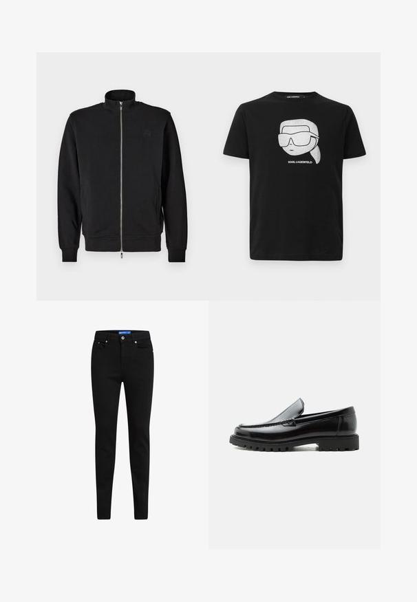 Sweat-shirt zippé noir avec un col haut, des poignets côtelés et des poches latérales. Tissu doux avec un logo embossé subtil sur la poitrine.; T-shirt en coton noir avec un graphisme blanc représentant un personnage stylisé portant de grandes lunettes de soleil, accompagné du texte "KARL LAGERFELD" en dessous de l'image.; Jean skinny noir en denim, doté d'un design à cinq poches, fermeture à bouton et étiquette bleue contrastante sur la taille.; Mocassin en cuir noir avec semelle en caoutchouc épaisse, dessus cousu et nom de marque embossé sur le talon, présenté de profil sur fond blanc.