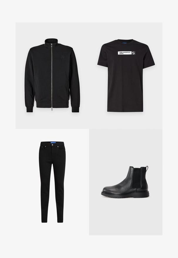 Schwarzer Zip-Up-Pullover mit hohem Kragen, gerippten Bündchen und seitlichen Taschen. Weicher Stoff mit einem dezenten, geprägten Logo auf der Brust.; Schwarzes Baumwoll-T-Shirt mit kurzen Ärmeln, das ein weißes Textgrafik-Label mit der Aufschrift "KARL LAGERFELD JEANS" und ein Logo aufweist, Rundhalsausschnitt.; Schwarze Slim-Fit-Jeans aus Denim, mit einem Fünf-Taschen-Design, Knopfverschluss und kontrastierendem blauen Etikett am Bündchen.; Schwarze Leder-Chelsea-Boots mit strukturiertem Finish, elastischen seitlichen Einsätzen und einer robusten Gummisohle. Dezentes Branding an der Ferse.