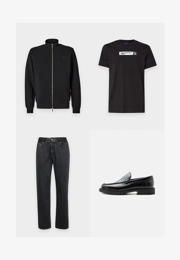 Mustmust mustikate vahel tõmblukk, kõrge krae, soonikkoes varrukad ja küljetaskud. Pehme kangas, millel on rinnas peen reljeefne logo.; Must harilik must t-särk lühikeste varrukatega, millel on valge teksti graafika silt "KARL LAGERFELD JEANS" ja logo, ümar kaelus.; Mustadest denimist püksid sirge lõikega, sileda nahkpaelaga, ees taskud ja peened tikandid.; Mustast nahast loafers, millel on robustne kummist tald, õmmeldud pealne ja reljeefsete tähtedega brändinimi kannal, külgvaates valgel taustal.