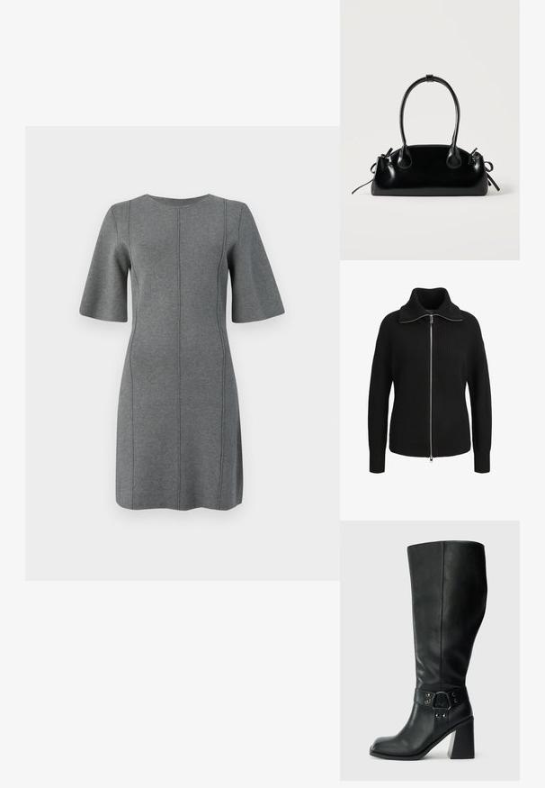 Sort strikket langærmet sweater med lynlås, høj krave og ribbet struktur, vist forfra på en hvid baggrund.; Grå strikket kjole med korte, flared ærmer, rund halsudskæring og lodrette sømme. Glat tekstur og knælangt design.; Knæhøje sorte læderstøvler med firkantet tå, bred hæl og en dekorativ rem med metalaccenter omkring anklen. Glat tekstur.; Lille sort blank håndtaske med to lange håndtag og snøre-detaljer i siden på en ensfarvet lys baggrund.