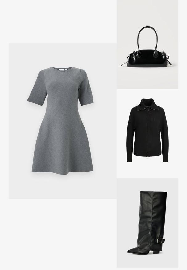 Sort strikket langærmet sweater med lynlås, høj krave og ribbet struktur, vist forfra på en hvid baggrund.; Grå A-linje kjole med korte ærmer, rund halsudskæring og tekstureret strikket stof, designet til en tætsiddende overkrop og en udvidet nederdel.; Sorte læder ankelstøvler i ankellængde med spids tå, glat tekstur og en sølvspændeaccents på siden. Kraftig firkantet hæl.; Lille sort blank håndtaske med to lange håndtag og snøre-detaljer i siden på en ensfarvet lys baggrund.