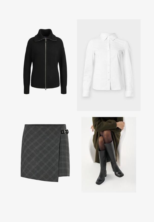 Sort strikket langærmet sweater med lynlås, høj krave og ribbet struktur, vist forfra på en hvid baggrund.; Hvid skjorte med lange ærmer, knapper, spids krave, lige kant og tætsiddende silhuet, vist på en ensartet lys baggrund.; Mørkegrå ternet uld wrap nederdel med sort spænde detalje på højre side, lige kant og subtil diagonalt mønster.; Knæhøje sorte læder støvler med firkantet tå og blokhæl, vist med en model siddende i en olivengrøn frakke. Glat tekstur, minimal detaljer.