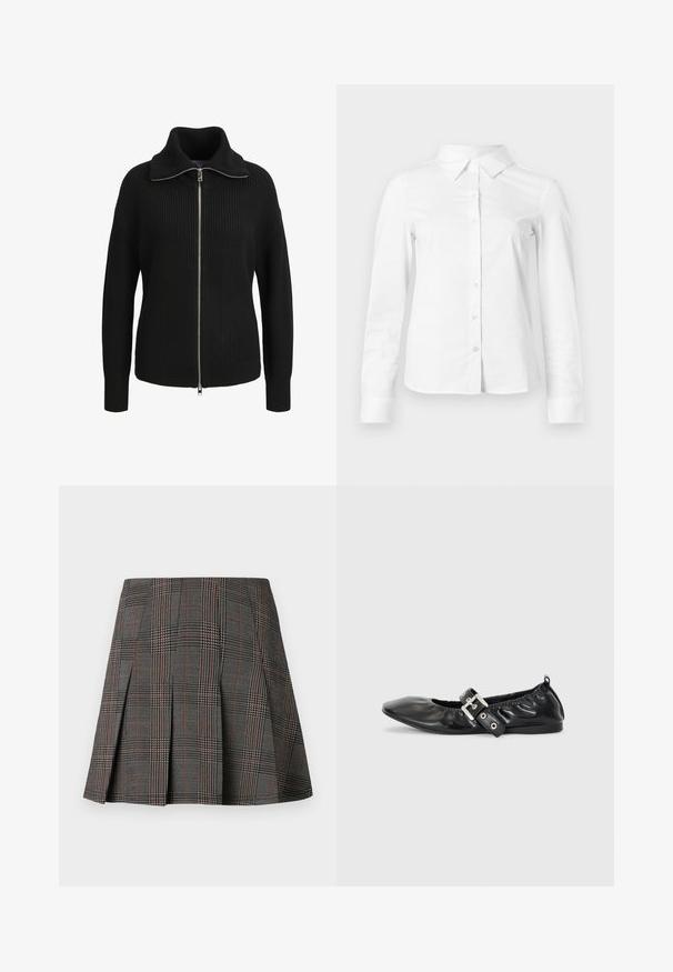 Sort strikket langærmet sweater med lynlås, høj krave og ribbet struktur, vist forfra på en hvid baggrund.; Hvid skjorte med lange ærmer, knapper, spids krave, lige kant og tætsiddende silhuet, vist på en ensartet lys baggrund.; Gråternet nederdel med plisseringer, prydet med intrikate mønstre i sort og hvid, akkompagneret af tynde røde linjer. Fremstillet af et struktureret stof.; Sorte læder flade sko med spids tå, samling detaljer omkring åbningen, og en sølv spænde accent på den justerbare rem.