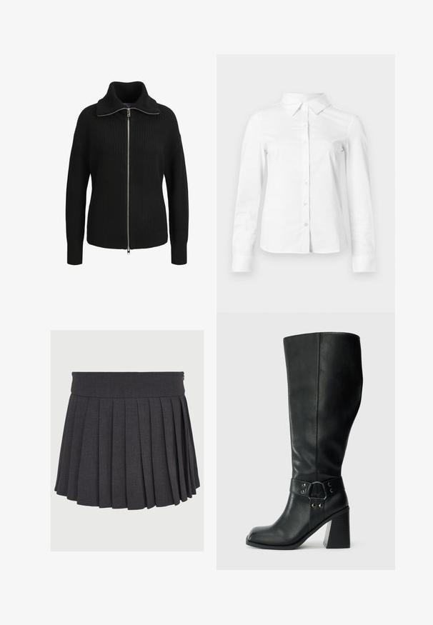 Zwarte gebreide trui met lange mouwen en ritssluiting, een hoge kraag en geribbelde structuur, voorkant weergegeven op een witte achtergrond.; Witte blouse met lange mouwen en knopen, met puntige kraag, rechte zoom en aansluitende silhouet, weergegeven op een effen lichte achtergrond.; Grijze geplooide rok met een platte tailleband en ritssluiting, gemaakt van een gestructureerde stof, met gelijkmatig verdeelde diepe plooien.; Kniehoge zwarte leren laarzen met een vierkante neus, brede hak en een decoratieve band met metalen accenten rond de enkel. Gladde textuur.