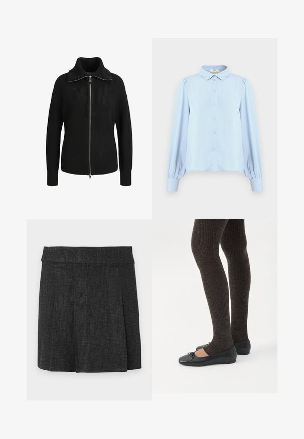 Zwarte gebreide trui met lange mouwen en ritssluiting, een hoge kraag en geribbelde structuur, voorkant weergegeven op een witte achtergrond.; Lichtblauwe blouse met een kraag, knoopsluiting, lange pofmouwen en een gladde textuur. Voorzien van een rechte zoom en plooien bij de schouders.; Zwarte, geplooide rok van textuurstof. Middenhoge tailleband met strakke lijnen. Klassieke snit geschikt voor verschillende gelegenheden.; Benen met donkere geribbelde leggings gecombineerd met zwarte ballerina's met kleine strikdetails op een witte achtergrond.
