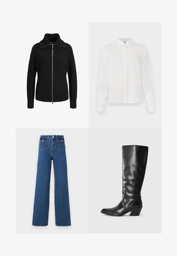 Sort strikket langærmet sweater med lynlås, høj krave og ribbet struktur, vist forfra på en hvid baggrund.; Hvid langærmet skjorte med krave, der har et subtilt struktureret mønster og knaplukning foran. Glat stof med en pæn finish.; Bredde ben jeans lavet af mørk denim. Har to forlommer og en knappelukning. Glat tekstur med synlige sømme og struktureret form.; Sorte læder knæhøje støvler med spids tå, vinklet hæl og glat tekstur. Funktioner en subtil syning langs siden.