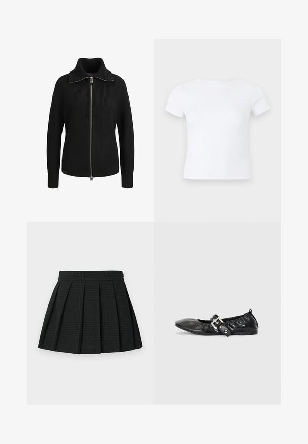 Zwarte gebreide trui met lange mouwen en ritssluiting, een hoge kraag en geribbelde structuur, voorkant weergegeven op een witte achtergrond.; Effen wit T-shirt met korte mouwen en een ronde hals, getoond op een neutrale lichtgrijze achtergrond.; Zwarte geplooide rok van textuurstof. Heeft een tailleband en een subtiel ruitpatroon. Korte lengte met gelaagde plooien.; Zwarte leren platte schoen met een spitse neus, geplooide details rond de opening en een zilveren gespaccentueerde verstelbare band.