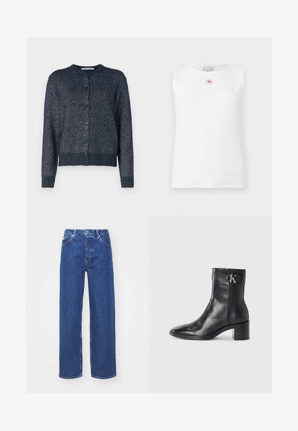 Marineblå cardigan med rund hals, lange ærmer, knaplukning og et blødt, struktureret stof med en subtil glans.; Hvid ærmeløs top med ribstruktur og et lille rødt og sort Calvin Klein-logo centreret under halsudskæringen.; Blå denim bred-benede jeans med høj talje, med lynlås og knaplukning, bæltestropper og subtilt falmet detaljer på stoffet.; Sort læder ankelstøvle med spids tå, blokhæl og en rem med en metallisk logo detalje. Glat tekstur og minimalistisk design.