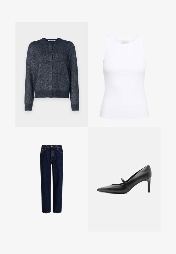 Marineblå cardigan med rund hals, lange ærmer, knaplukning og et blødt, struktureret stof med en subtil glans.; Hvid ribbet tanktop med rund halsudskæring og uden ærmer. Strækbart stof og tætsiddende design. Etiketten bagpå viser "GESTUZ."; Mørkeblå denim jeans med lige ben-design, der har høj talje, fem-lomme-stil og kontrastsyninger. Ingen dekorationer.; Sort læderspids højhælede sko med tynd rem og spænde over vristen, stående på en neutral lys baggrund.