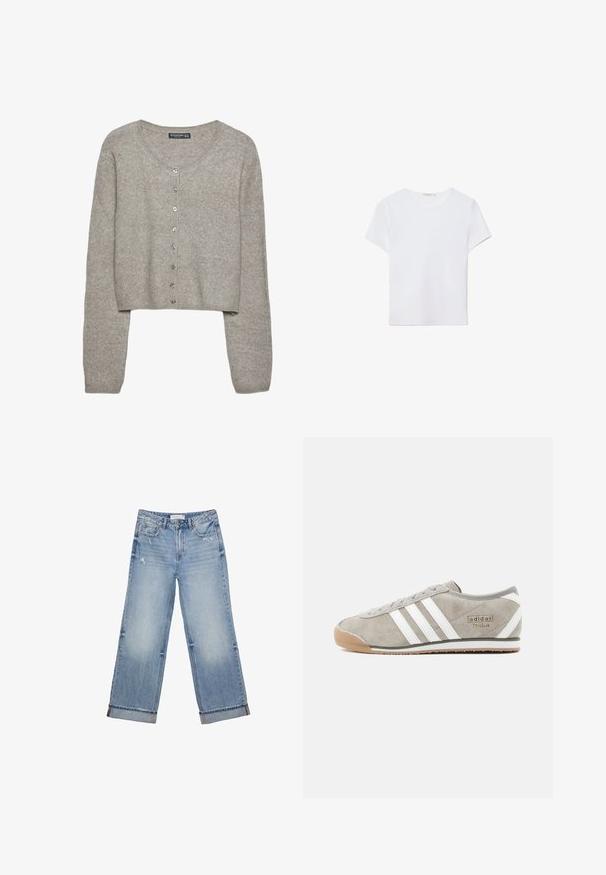 Cardigan court gris clair en tricot doux avec des manches longues, un col rond et six boutons métalliques sur le devant.; T-shirt blanc à manches courtes en tissu doux. Dispose d'un col rond et d'un design simple et épuré avec un ourlet droit.; Jean en denim bleu clair avec un design à jambes larges, présentant un ourlet effiloché, un léger effet usé et un style classique à cinq poches.; Baskets en daim gris avec trois bandes blanches, bout rond, semelle en caoutchouc gomme et petit détail de marque sur le côté.