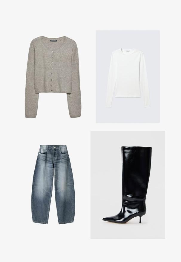 Cardigan court gris clair en tricot doux avec des manches longues, un col rond et six boutons métalliques sur le devant.; T-shirt blanc uni à manches longues avec col rond et coupe slim, présenté sur un fond gris clair.; Jean large en denim bleu clair avec décoloration, présentant un design à cinq poches, un bouton de fermeture et des détails de couture minimaux.; Botte en cuir noir hauteur genou avec une finition brillante, bout pointu et talon fin. Texture lisse avec des détails de design minimaux.