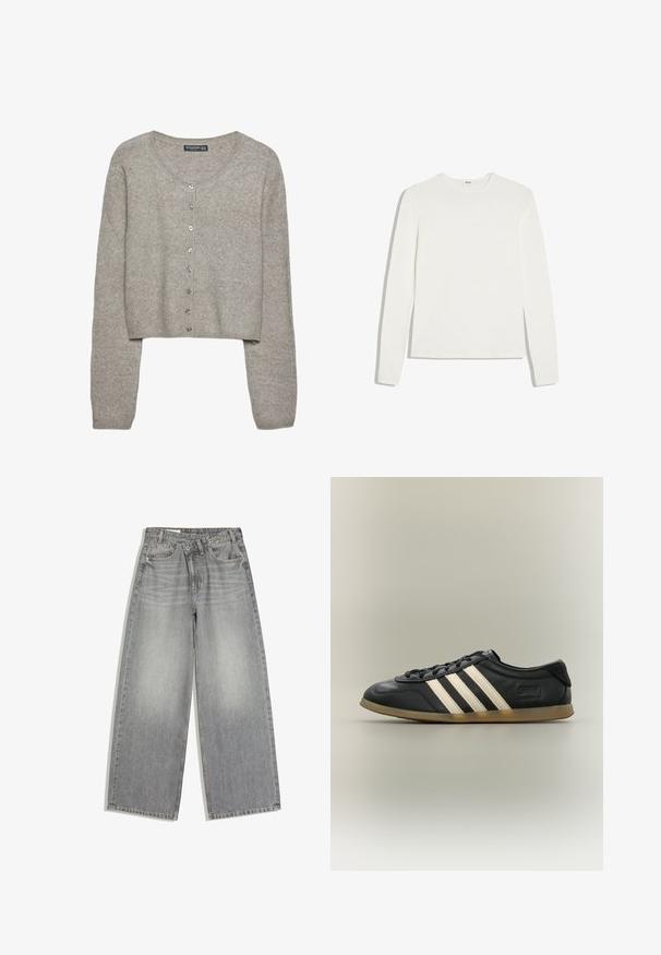 Cardigan court gris clair en tricot doux avec des manches longues, un col rond et six boutons métalliques sur le devant.; T-shirt blanc uni à manches longues avec col rond et coupe ajustée, posé à plat sur un fond blanc.; Jean en denim gris à jambes larges avec fermeture par bouton et zip, poches avant et passants de ceinture, posé à plat sur fond blanc.; Baskets Adidas Gazelle noires avec des bandes blanches, des lacets noirs et une semelle marron clair, vues de profil sur un fond neutre.