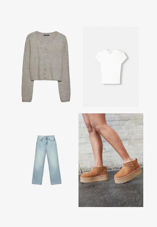 Cardigan court gris clair en tricot doux avec des manches longues, un col rond et six boutons métalliques sur le devant.; T-shirt blanc à manches courtes en coton doux, avec un col rond et une coupe ajustée. Pas de motifs ni d'ornements visibles.; Jean taille haute bleu clair à jambes larges, légèrement usé sur les poches avant et les cuisses, fermeture par boutons et design cinq poches.; Bottines en suède marron avec une doublure en peluche, semelle épaisse en beige et une poignée à l'arrière. Surface texturée avec des détails de couture visibles.
