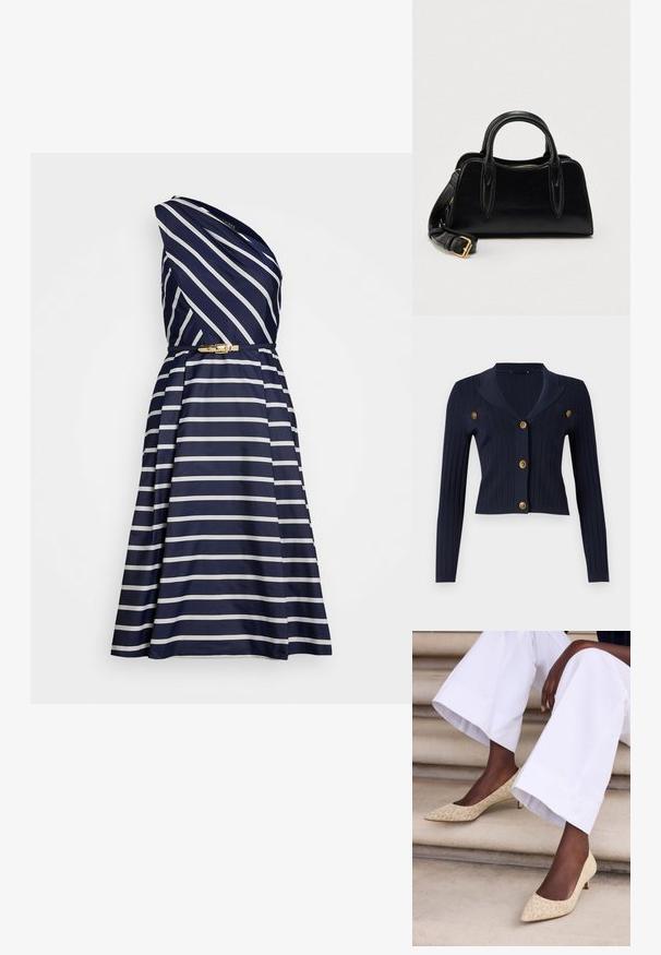 Marinblå ribbet cardigan med lange ærmer, cropped design, klippede revers og fire guldknapdetaljer foran.; Marinekjole med hvide striber, asymmetrisk én-skulder design, tætsiddende overdel, plisseret nederdel og en guldspænde i livet.; Person iført hvide bukser med vide ben og beige mønstrede kitten heel sko, der sidder på stentrapper.; Sort læderhåndtaske med dobbelt håndtag og aftagelig skulderrem med guldlås, sat mod en ensfarvet hvid baggrund.