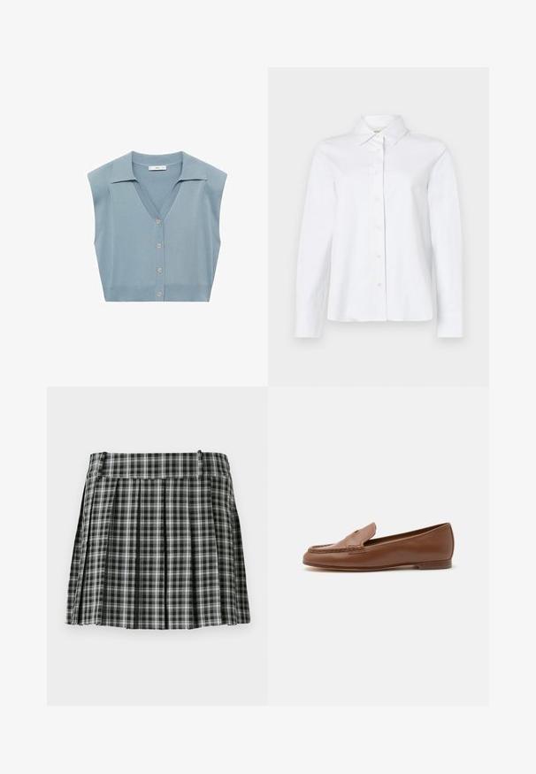 Lys blå strikket ærmeløs cardigan med V-hals, knaplukning foran og krave. Glat tekstur og tætsiddende design.; CLOSED CLASSIC SHIRT WITH STRAP DETAIL - Skjortebluser - white; Sort-hvidt ternet plisseret nederdel med en glat talje og flere lodrette folder. Fremstillet af let stof.; Klassisk brun læderloafer med lav hæl og syninger på mokkatoen, vist i sideprofil på en hvid baggrund.