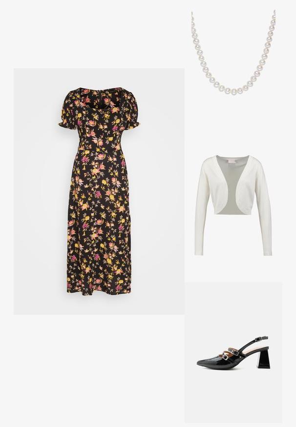 Cardigan blanc, court, avec des manches longues, un décolleté en V profond et une finition lisse. Tissu léger avec un panneau arrière transparent.; Robe florale noire avec de courtes manches bouffantes, ornée de motifs de fleurs jaunes et roses, un décolleté carré et une silhouette longue et fluide.; Escarpin slingback en cuir verni noir avec deux brides avant à boucle et un talon épais évasé de 6 cm sur fond clair uni.; Fil de perles rondes et blanches avec une surface lisse, régulièrement espacées, affichant un lustre subtil et un éclat doux sur un fond blanc.