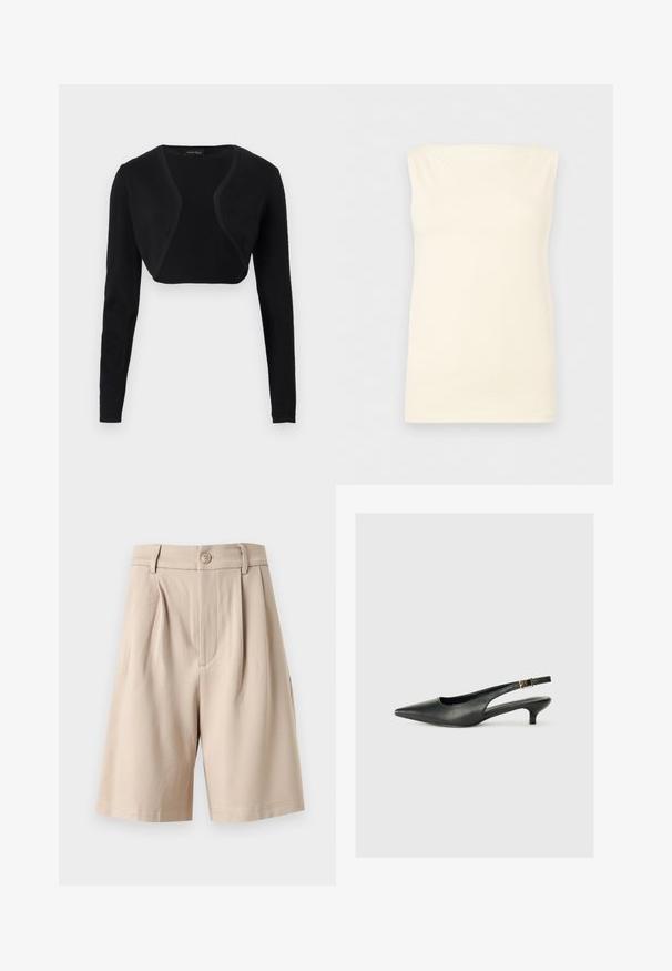 Boléro noir court à manches longues et devant ouvert, confectionné dans un tissu léger.; Haut sans manches, crème, ajusté, avec un décolleté droit et une texture lisse sur un fond neutre.; Shorts beige taille haute cintrés avec plis, passants pour ceinture, fermeture avant par bouton et ourlet à hauteur des genoux sur fond blanc.; Chaussure slingback noire à bout pointu en cuir lisse. Présente un talon fin et un détail de boucle sur la sangle réglable.