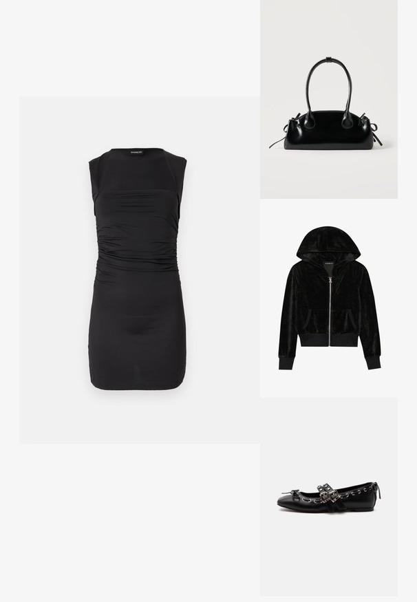 Sort velour zip-hoodie med en buet hætte, frontlommer og ribbede manchetter. Glat tekstur og enkelt design med fokus på komfort.; Ærmeløs sort minikjole med en taljefremhævende detalje og en firkantet udskæring.; Sort flad balletsko med dobbelt spænde, sølvøjer og en lille sløjfe nær den runde tå på en hvid baggrund.; Lille sort blank håndtaske med to lange håndtag og snøre-detaljer i siden på en ensfarvet lys baggrund.