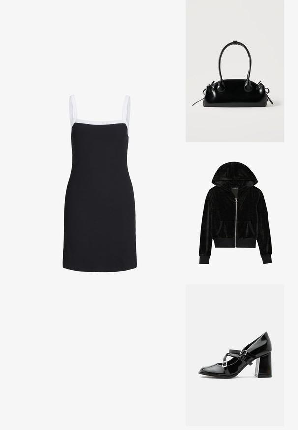 Sort velour zip-hoodie med en buet hætte, frontlommer og ribbede manchetter. Glat tekstur og enkelt design med fokus på komfort.; Sort ribbet kjole med tynde hvide stropper og firkantet halsudskæring. Kort længde med en tætsiddende silhuet, glat tekstur og minimal detaljering.; Skinnende sort Mary Jane-stilet med tre spænder og en kraftig blokhæl, vist i sideprofil mod en hvid baggrund.; Lille sort blank håndtaske med to lange håndtag og snøre-detaljer i siden på en ensfarvet lys baggrund.