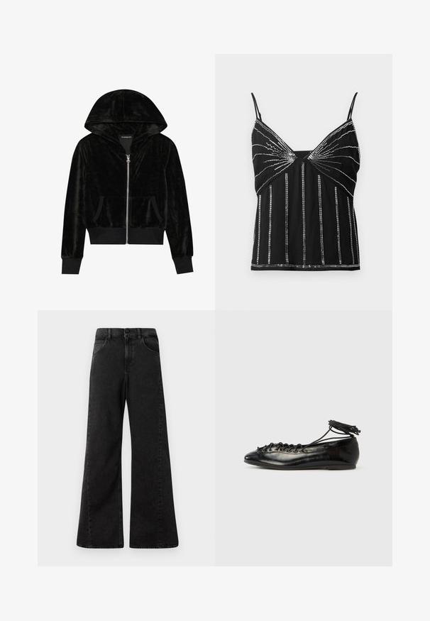 Sort velour zip-hoodie med en buet hætte, frontlommer og ribbede manchetter. Glat tekstur og enkelt design med fokus på komfort.; Sort ærmeløs top med tynde stropper, dekoreret med vertikale og strålemønstre af reflekterende sølvperler.; Højtaljede sorte denim jeans med vidde ben-design, der har forlommer og en knaplukning i taljen.; Sorte balletflade sko i laklæder med rundet tå, snørelukning og flad sål. Glat tekstur med få detaljer.