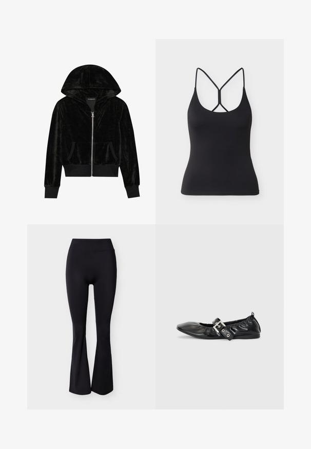 Sort velour zip-hoodie med en buet hætte, frontlommer og ribbede manchetter. Glat tekstur og enkelt design med fokus på komfort.; Sort tætsiddende tanktop med tynde stropper og et unikt krydsdesign bagpå på en lysegrå baggrund.; Sorte høj talje leggings med flared ben, glat stof uden synlige mønstre eller pynt.; Sorte læder flade sko med spids tå, samling detaljer omkring åbningen, og en sølv spænde accent på den justerbare rem.