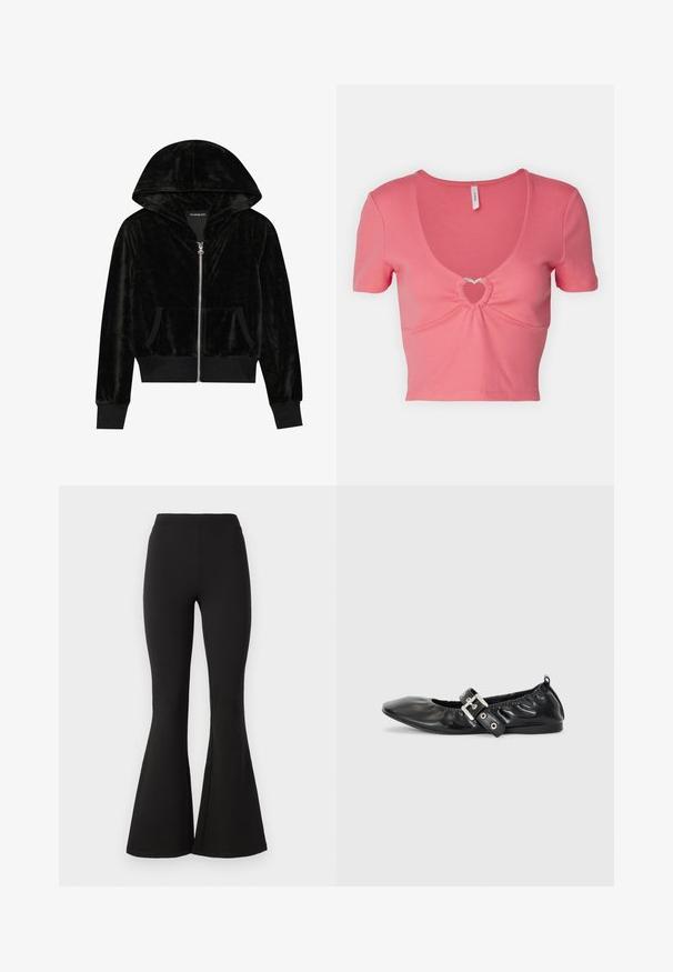 Zwarte fluwelen hoodie met ritssluiting, een gebogen capuchon, voorzakken en geribbelde mouwen. Soepele textuur en een eenvoudig ontwerp gericht op comfort.; ONLY ONLFREJA LIFE TRIM BOX - T-shirt print - coral paradise; Zwarte flared leggings van rekbaar materiaal, voorzien van een hoge tailleband en een gladde textuur, die naar beneden uitlopen in een brede flare bij de enkel.; Zwarte leren platte schoen met een spitse neus, geplooide details rond de opening en een zilveren gespaccentueerde verstelbare band.