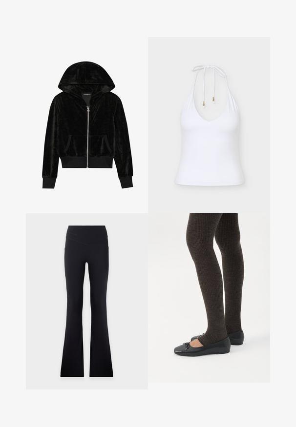 Sort velour zip-hoodie med en buet hætte, frontlommer og ribbede manchetter. Glat tekstur og enkelt design med fokus på komfort.; Hvid halterneck-ærmeløs top med dyb V-udskæring og justerbare nakkestropper med guldtippede ender mod en ensfarvet baggrund.; Sorte bukser med høj talje og let vidde forneden, med et V-formet sømdetalje ved linningen.; Ben iført mørke ribbede leggings kombineret med sorte balletsko med små sløjfedetaljer på hvid baggrund.