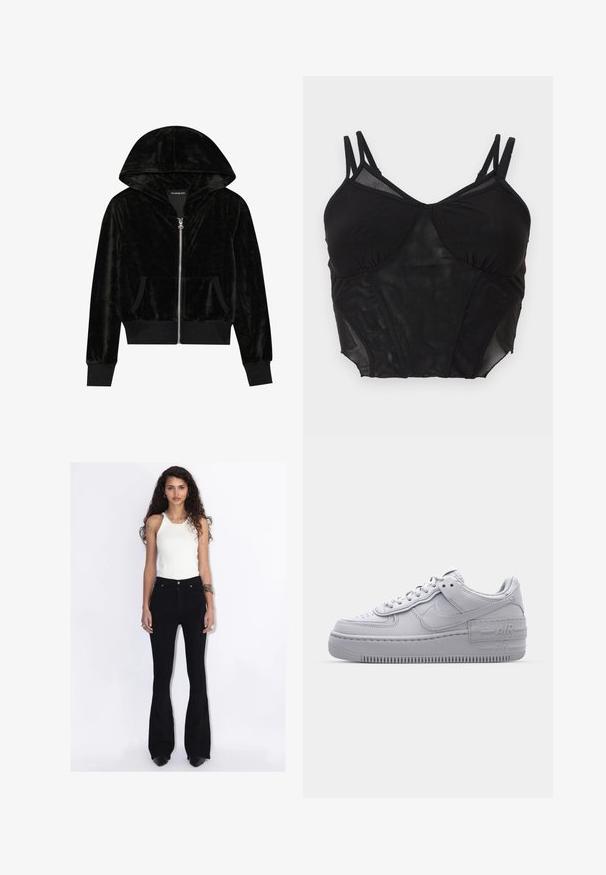Sort velour zip-hoodie med en buet hætte, frontlommer og ribbede manchetter. Glat tekstur og enkelt design med fokus på komfort.; Sort net cropped camisole med dobbelte justerbare skulderstropper og strukturerede buste-paneler.; Kvinde med krøllet hår, iført hvid ærmeløs top og sorte skør bukser, stående foran hvid baggrund og vendt fremad.; Grå Nike Air Force 1 sneakers med perforeret tå, glat læderoverdel, tyk sål og præget 'AIR' detalje på hælen.