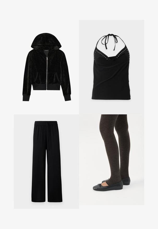 Sort velour zip-hoodie med en buet hætte, frontlommer og ribbede manchetter. Glat tekstur og enkelt design med fokus på komfort.; Sort halterneck ærmeløs top med sølvnitte detaljer langs halsudskæringen og et draperet forstykke.; Sorte vide benbukser med elastisk talje og justerbar snor. Glat stof uden synlige mønstre eller accenter.; Ben iført mørke ribbede leggings kombineret med sorte balletsko med små sløjfedetaljer på hvid baggrund.
