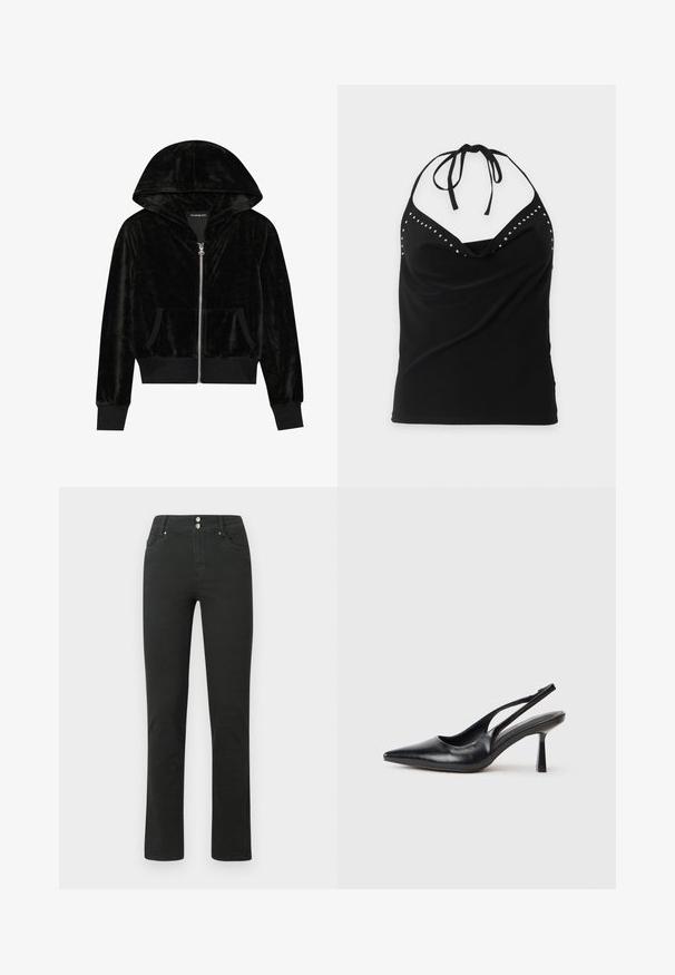Sort velour zip-hoodie med en buet hætte, frontlommer og ribbede manchetter. Glat tekstur og enkelt design med fokus på komfort.; Sort halterneck ærmeløs top med sølvnitte detaljer langs halsudskæringen og et draperet forstykke.; Sorte denim jeans med en tætsiddende design, der har to forlommer, to baglommer og en dobbeltknaplukning i taljen.; Sort læderslagback højhælet sko med spids tå og slank hæl på en hvid baggrund.